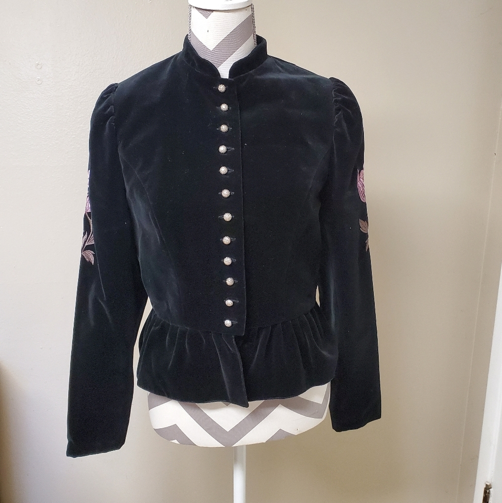 Embroidered Faux Velvet Jacket*Button Front* Ruffled Bottom Prince VIbes